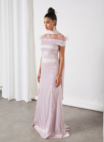 Feathered Off-Shoulder Dress Light Pink