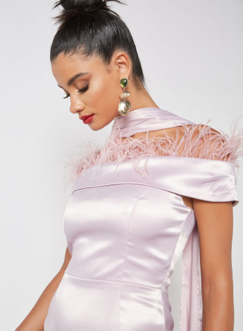 Feathered Off-Shoulder Dress Light Pink