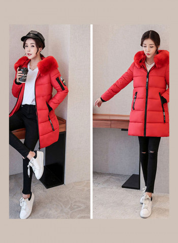 Solid Hooded Coat Red