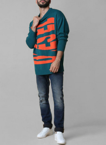 Drop Shoulder Long Sleeves Sweater Green/Red