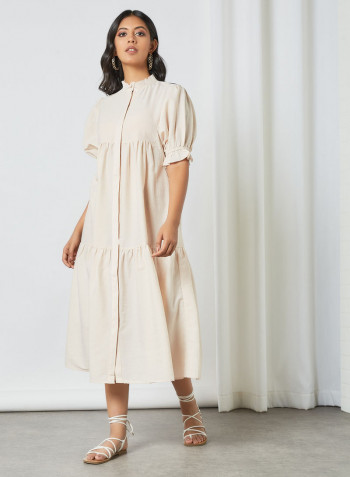 Tiered Button Down Dress Beige