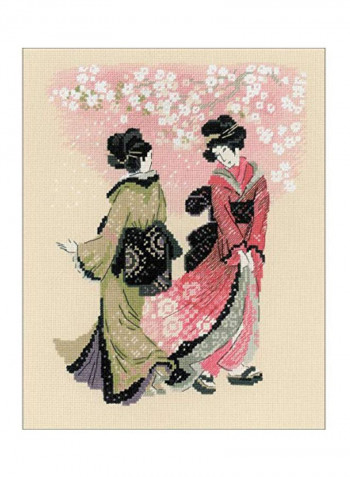 14-Piece Cherry Blossom Cross Stitch Kit Red/Black/Beige