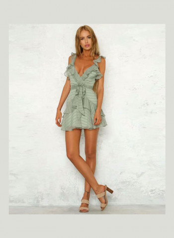 Stylish Lotus Leaf V-neck Sling Dress Green