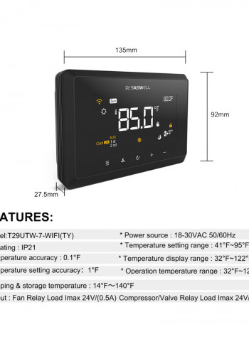 Wifi Programmable Thermostat With 4" Touchscreen Compatible with Alexa Google Home Black 14.00X5.70X10.00cm