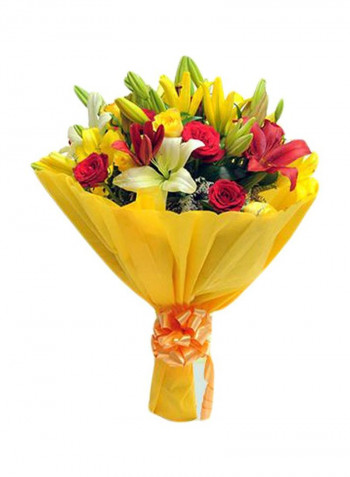 Sunshine Lily And Rose Bouquet Red/Green/Yellow