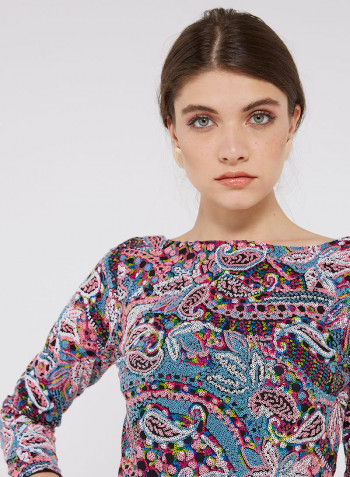 Sequin Detailed Three Quarter Sleeves Maxi Dress Multicolour