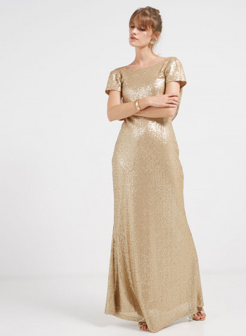 Sequin Detailed Short Sleeves Maxi Dress Gold