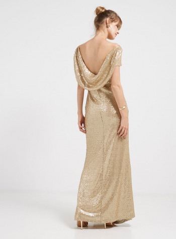 Sequin Detailed Short Sleeves Maxi Dress Gold
