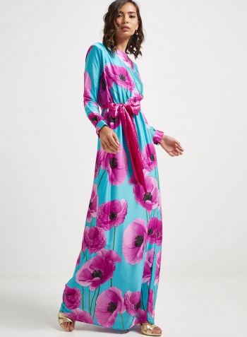Tie-Waist Floral Print Maxi Dress Purple/Blue