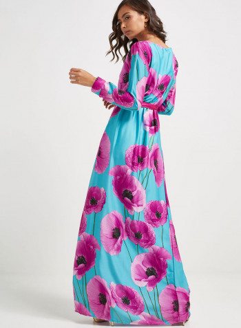 Tie-Waist Floral Print Maxi Dress Purple/Blue