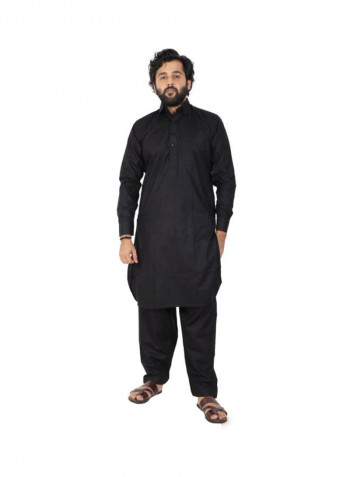2-Piece Collared Neck Kurta And Pajama Set Black
