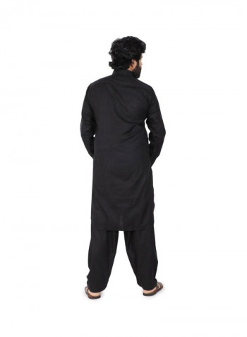 2-Piece Collared Neck Kurta And Pajama Set Black