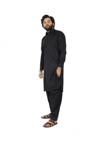2-Piece Collared Neck Kurta And Pajama Set Black
