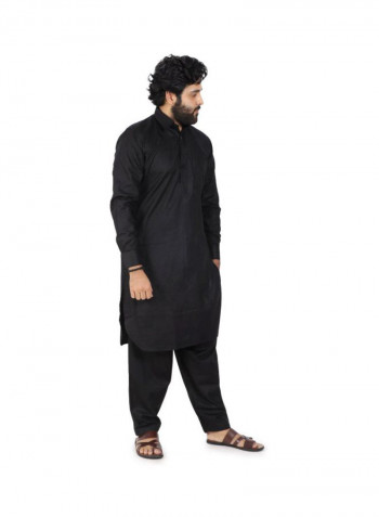 2-Piece Collared Neck Kurta And Pajama Set Black