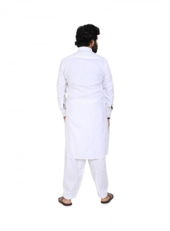 2-Piece Collared Neck Kurta And Pajama Set White