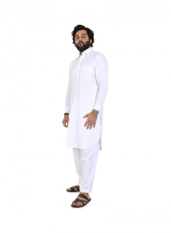 2-Piece Collared Neck Kurta And Pajama Set White