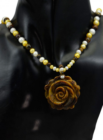 10 Karat Solid Yellow Gold With 5-10 mm Pearls And Tiger Eye Pendant Necklace