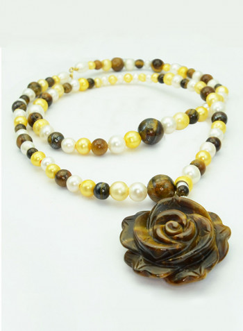 10 Karat Solid Yellow Gold With 5-10 mm Pearls And Tiger Eye Pendant Necklace