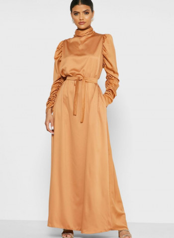 High Neck Belted Maxi Dress Beige