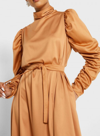 High Neck Belted Maxi Dress Beige