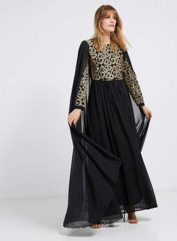 Flared Hemline Long Sleeves Maxi Dress Black/Gold