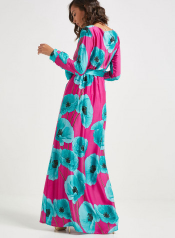 Tie-Waist Floral Print Maxi Dress Pink/Blue/Black