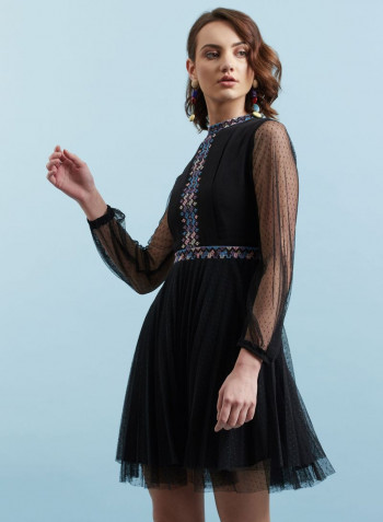 Round Neck Net Skater Short Dress Black