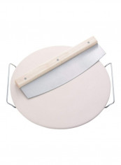 Ceramic Pizza Stone With Carrying Tray And Large Slicer Beige/Silver 33centimeter