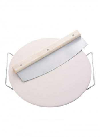 Ceramic Pizza Stone With Carrying Tray And Large Slicer Beige/Silver 33centimeter