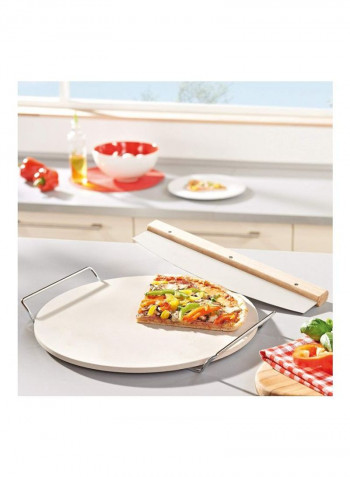 Ceramic Pizza Stone With Carrying Tray And Large Slicer Beige/Silver 33centimeter