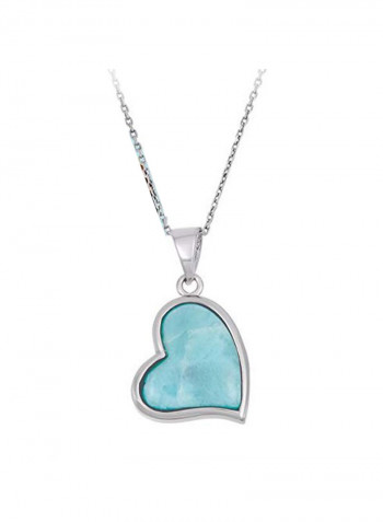 Rhodium Plated 925 Sterling Silver Larimar Stone Studded Heart Shaped Charm Necklace