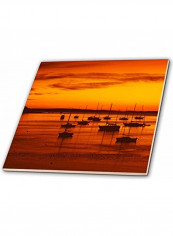 Sailboats At Sunrise In Harbor Printed Decorative Tile Orange/Brown