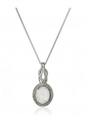 925 Sterling Silver Created Opal Oval with Diamond Pendant Necklace