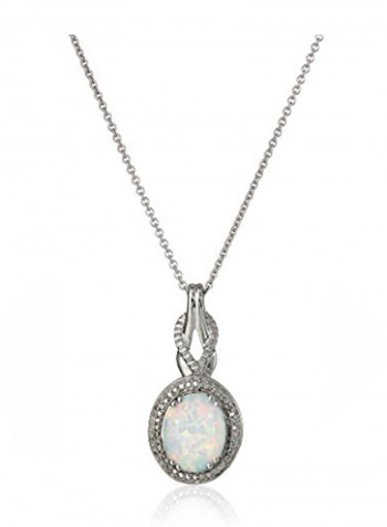 925 Sterling Silver Created Opal Oval with Diamond Pendant Necklace