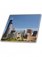 Willis And Sears Tower Chicago River Printed Decorative Tile Blue/Beige/Green