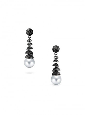 Brass Simulated Pearl Studded Chandelier Dangle Earrings