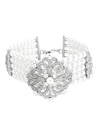 Rhodium Plated Brass Cubic Zirconia And Simulated Pearl Studded Bracelet