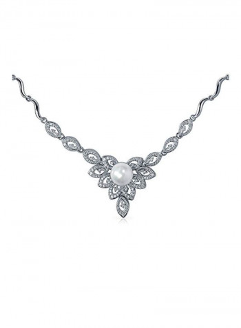 Silver Plated Brass Cubic Zirconia And Pearl Studded Necklace