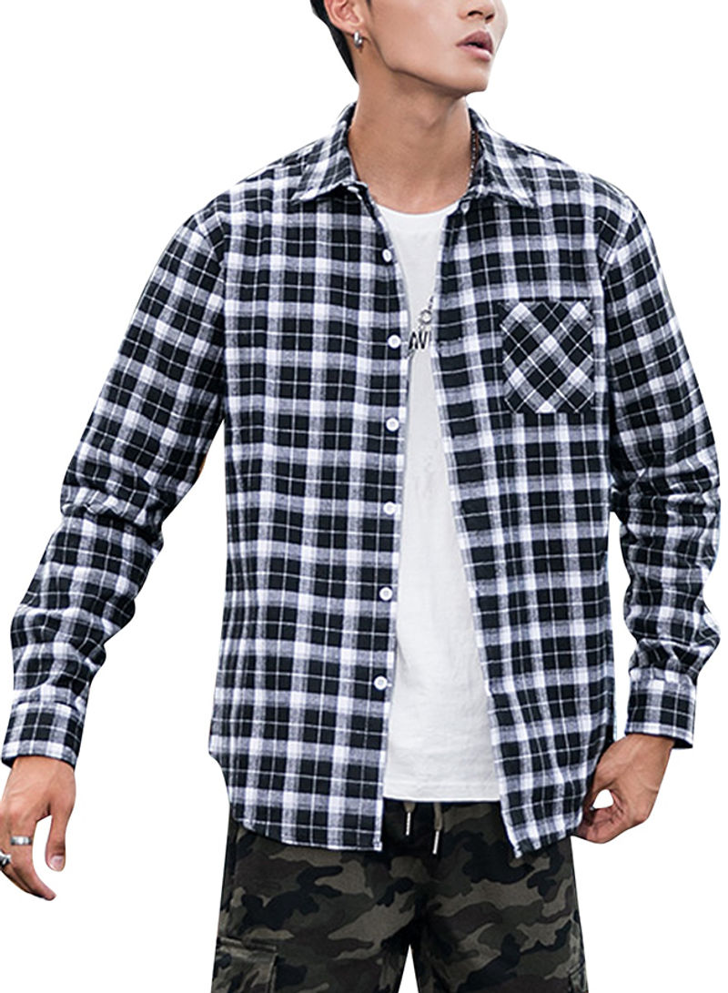 Checkered Long Sleeves Collared Neck Shirt Black/White