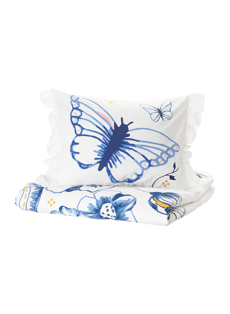 Butterfly Print Quilt Cover And Pillowcase Cotton Blue/White 150centimeter