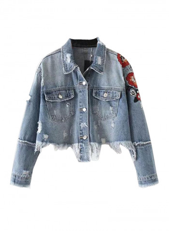 Frayed Hole Design Embroidery Denim Jacket Blue