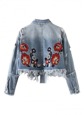 Frayed Hole Design Embroidery Denim Jacket Blue