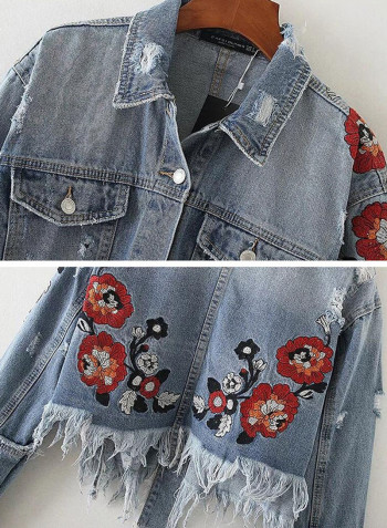 Frayed Hole Design Embroidery Denim Jacket Blue