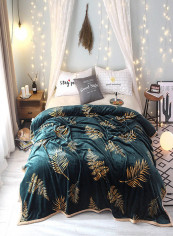 Soft Leaves Pattern Bed Blanket Cotton Green/Yellow 200x230centimeter