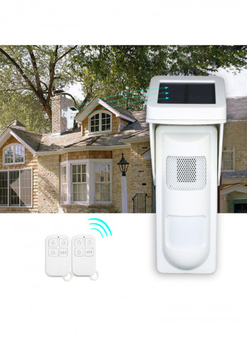 Solar Powered Dual Infrared Motion Detector Siren Strobe Alarm System With 16 Voice Phonetics 2 Controller White