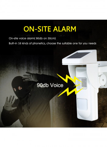 Solar Powered Dual Infrared Motion Detector Siren Strobe Alarm System With 16 Voice Phonetics 2 Controller White