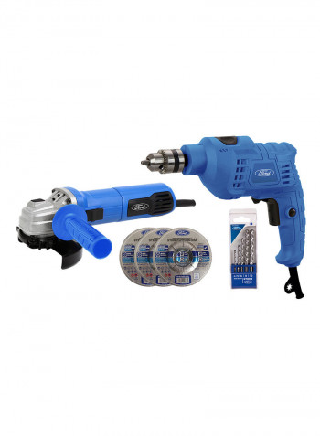 500 Watts Electric Impact Drill with 5 Piece Drill Bit Set + 600 Watts 115 mm Angle Grinder with 3 Piece Cutting Disk Blue/Silver 4kg