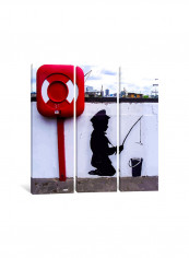 3-Piece Banksy Gone Fishing Canvas Painting Set Multicolour 100x100x3.5centimeter