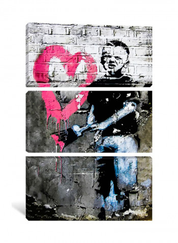 3-Piece Banksy Boy Painting Pink Heart Canvas Painting Set Multicolour 230X153X3.5centimeter