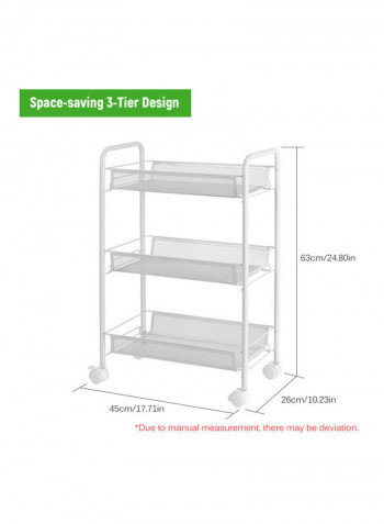 3-Tier Mesh Wire Rolling Multifunction Utility Cart Trolley With Hook White 60*14*29cm